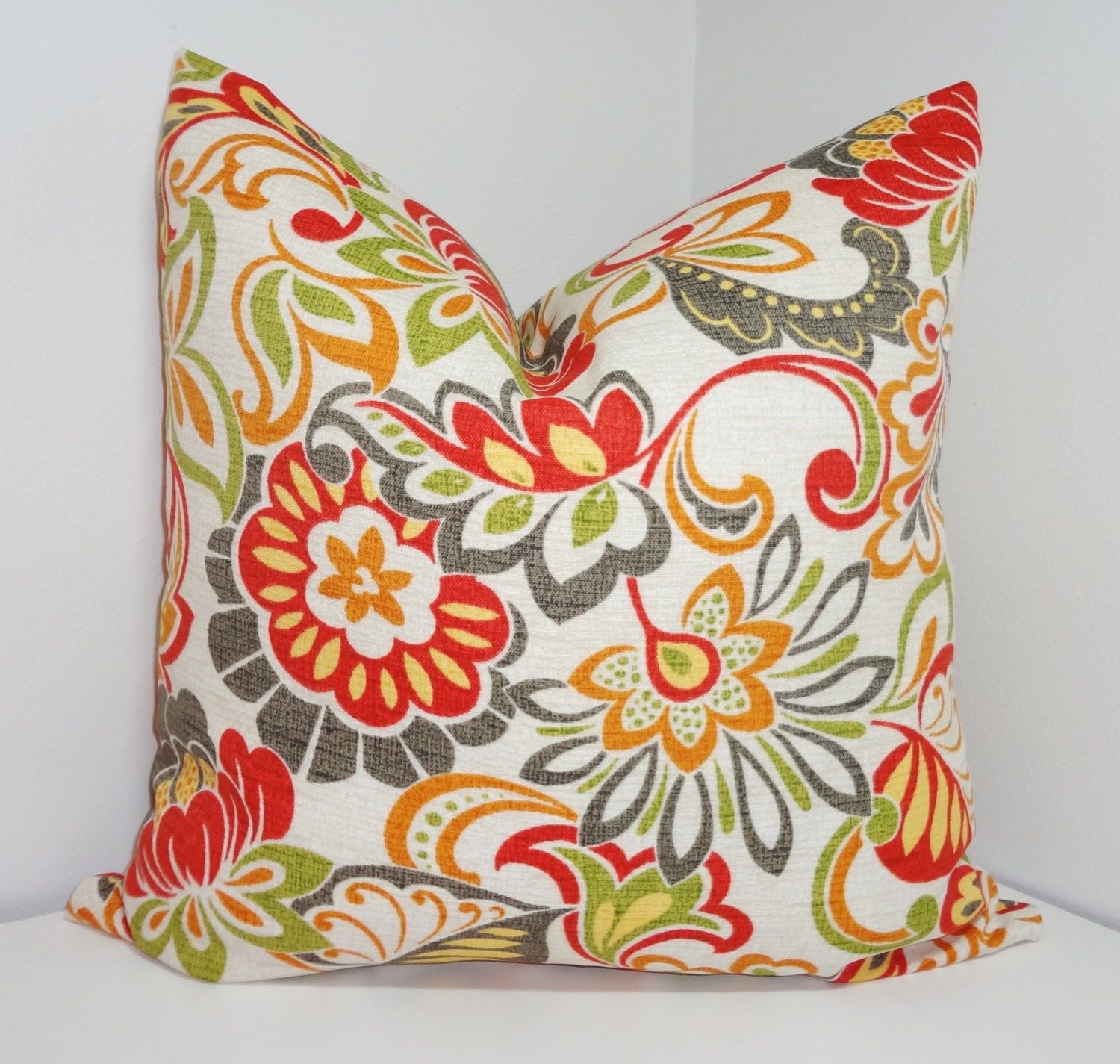 OUTDOOR Deck Patio Pillow Cover Floral Red Grey Orange Green Flower Outdoor Pillow Cover 18x18
