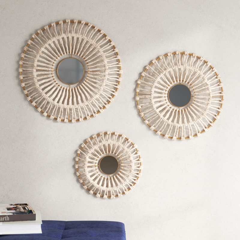 Pablo Round Natural Fiber and Mirror 3-Piece Wall Dcor Set