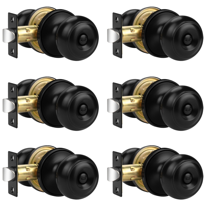Privacy Door Knobs with Round Rosette, Keyless Lock for Bed and Bath Room (Set of 6)