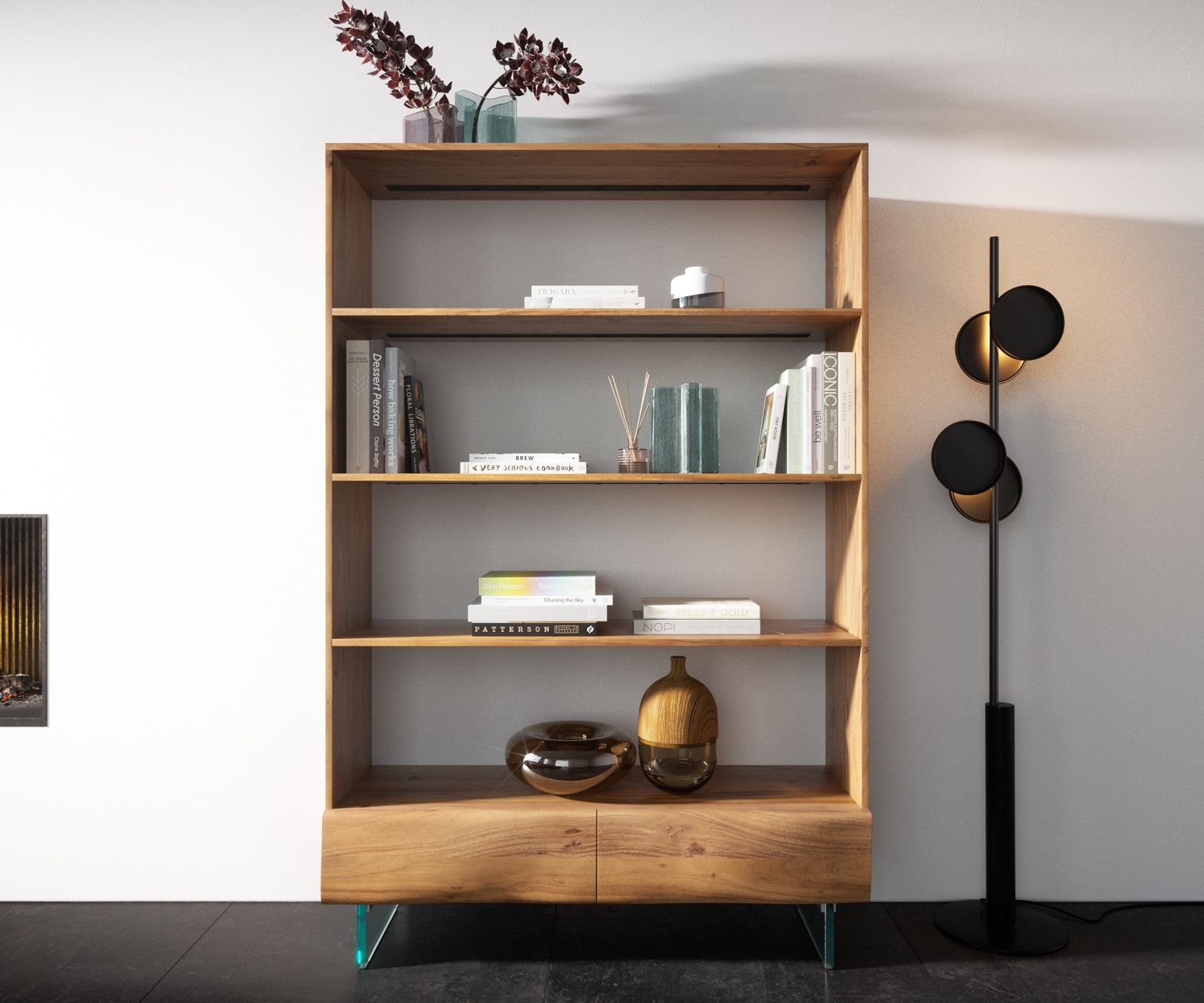 Regal New Live-Edge 115x150 cm Akazie Natur 2 Schubladen Glasfu schwebend