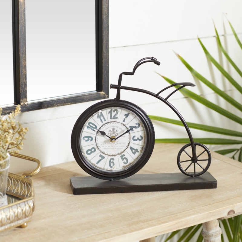 Roman Numeral Stainless Steel Mechanical Tabletop Clock with Alarm in Brown/White
