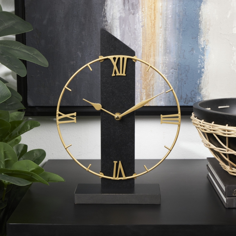 Roman Numeral Wood Mechanical Tabletop Clock in Gold