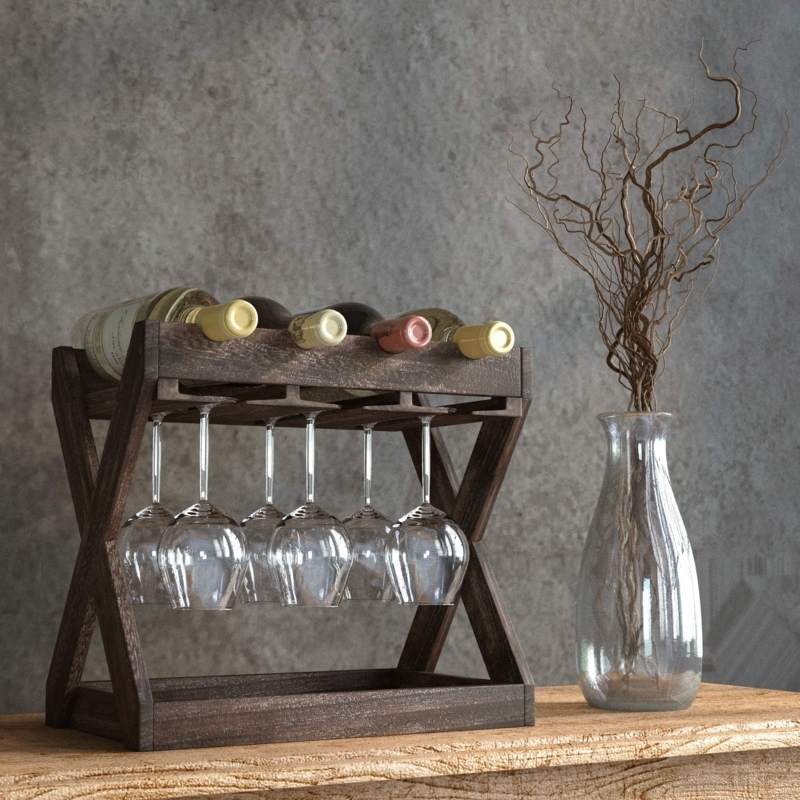 Selman 4 Bottle Solid Wood Tabletop Wine Bottle u0026 Glass Rack in Torched Brown