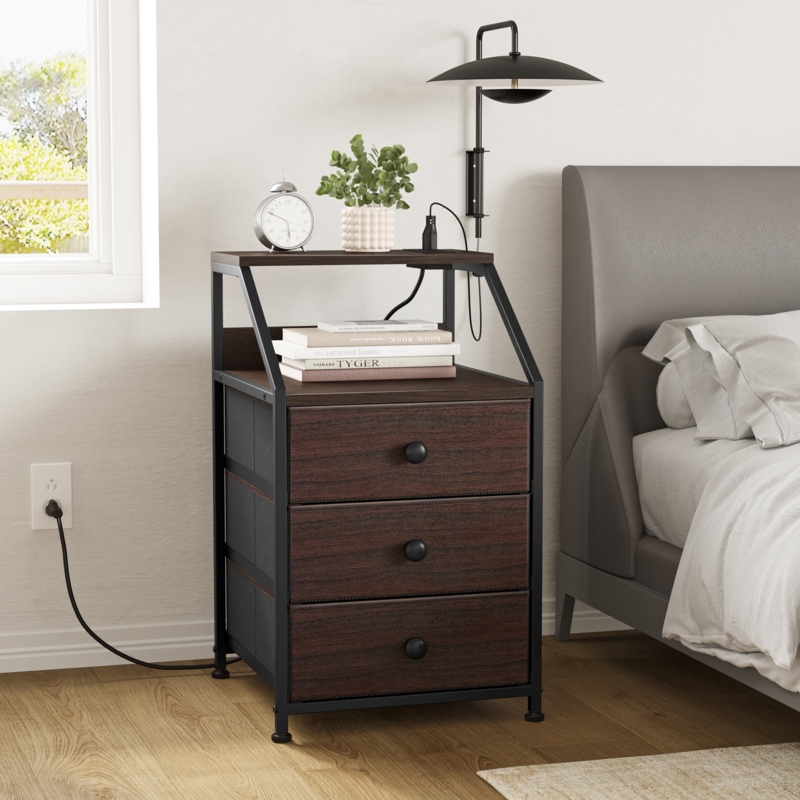 Sereena Nightstand with 3 Drawers u0026 2 USB Ports, MDF Bedside Table with Outlets, Stable Metal Frame