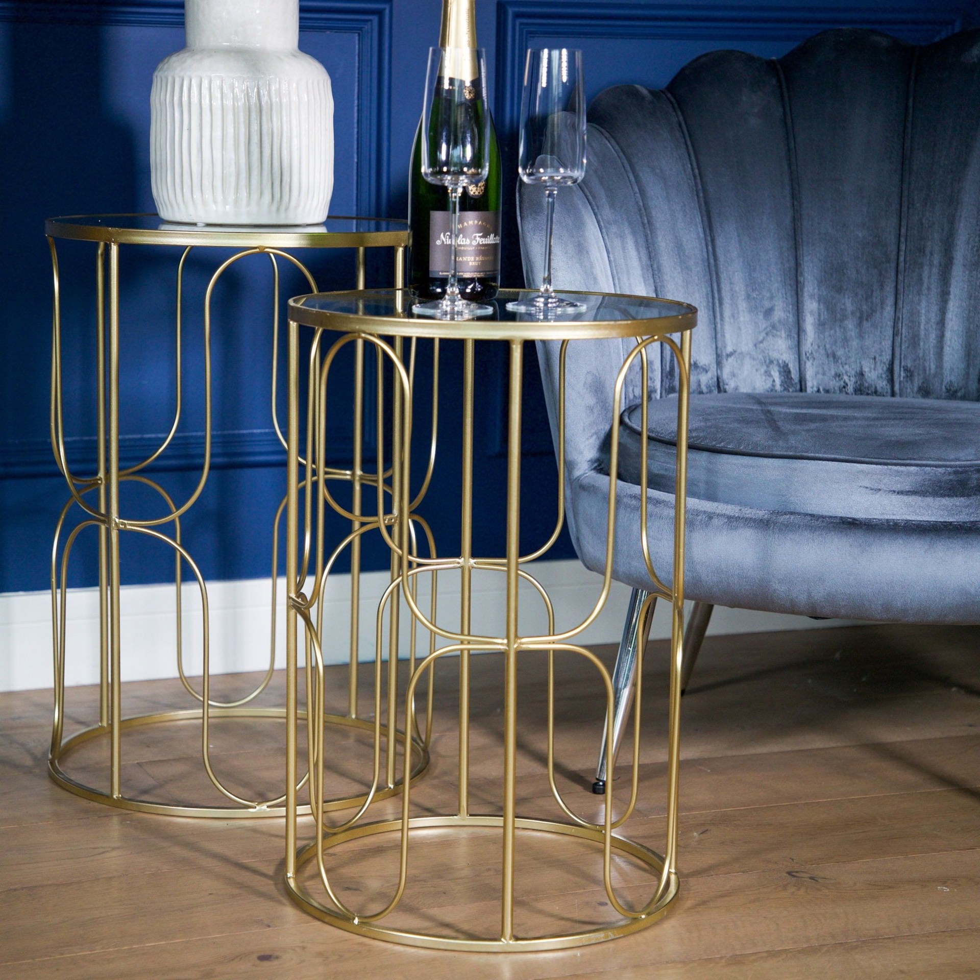 Set of 2 Gold Wavy Wire Tables with Glass Top