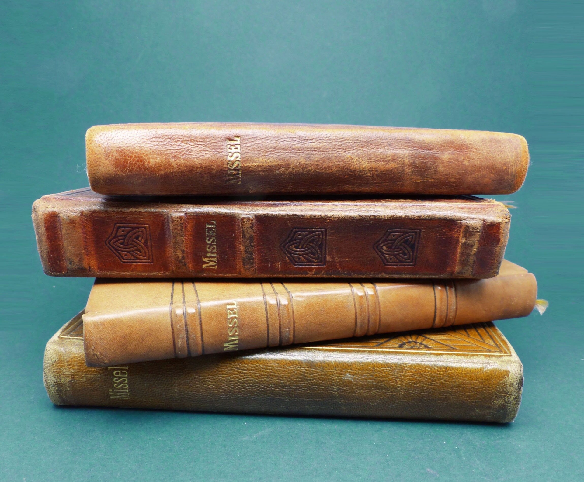 Set of 4 French Antique Religious Leather Bound Books early 1900s