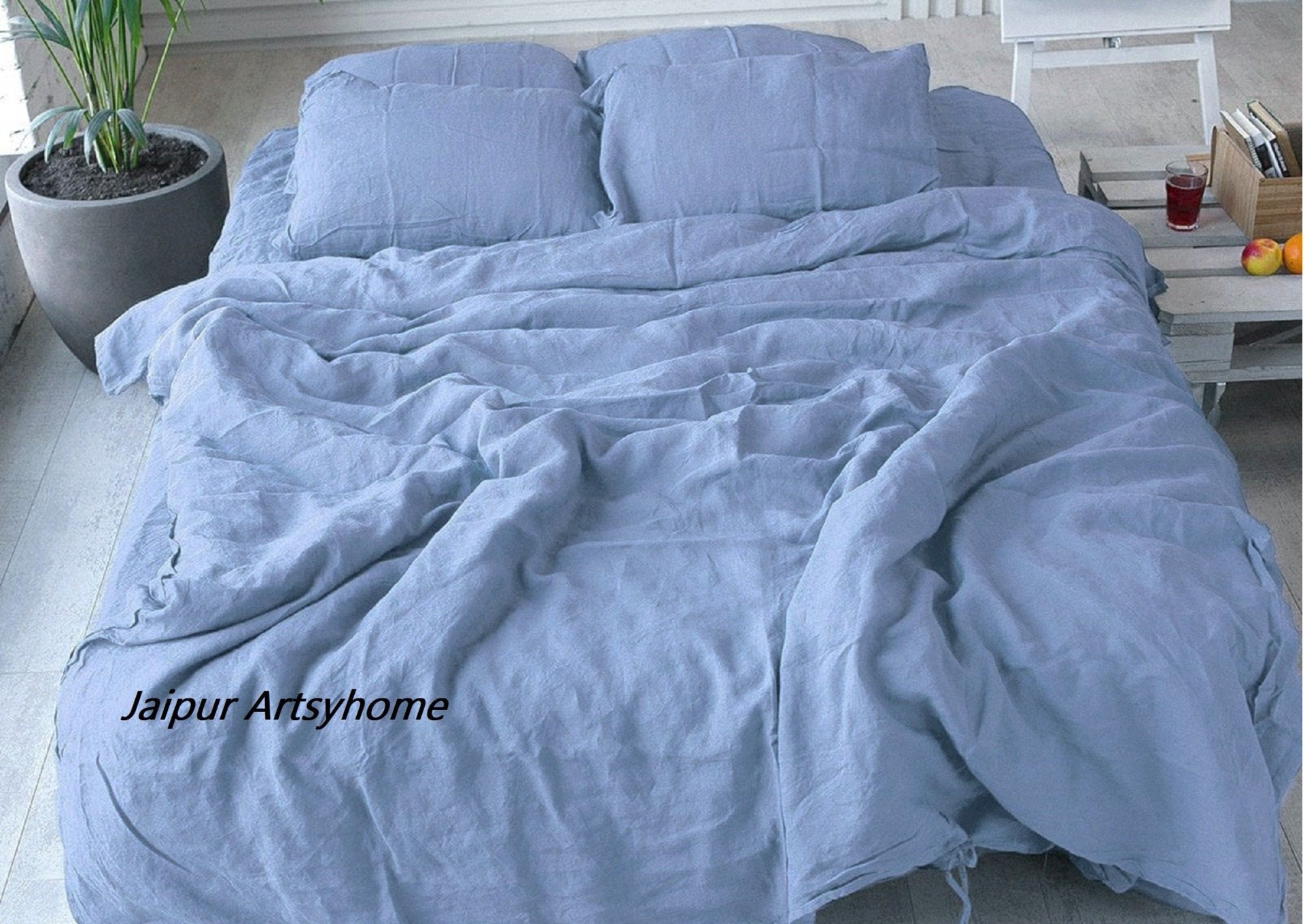 Sky Blue linen bedding set, Stonewashed Linen Bedding, Soft Linen duvet cover, Full twin King Over size Linen duvet cover, 3 Pieces set  Set