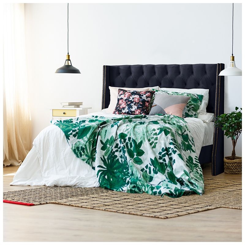 Skyline Queen Nail Button Tufted Wingback Bed in Velvet - Ink, Complete Beds | P.C. Richard & Son