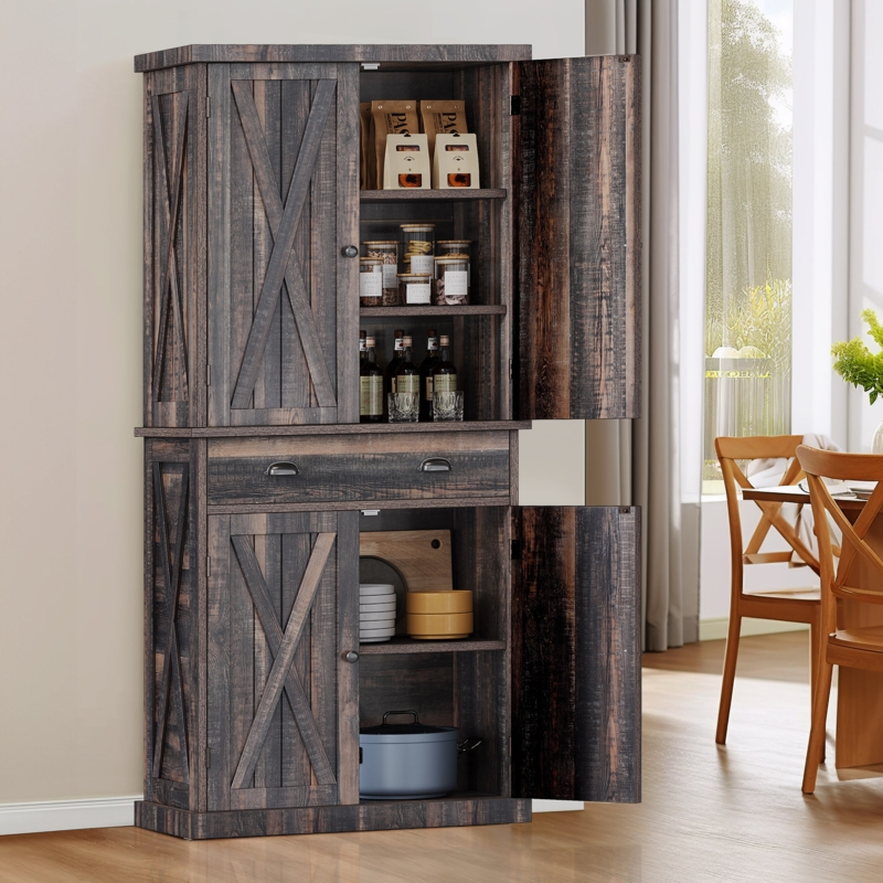 Sneyd 72"H Wood Farmhouse Kitchen Pantry Cabinet with 6-Storage Shelves & Drawer