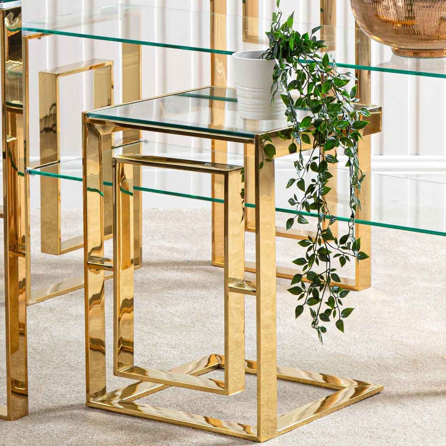 Sofa Table - Verona Gold Metal Glass Top Side End Table - Gold
