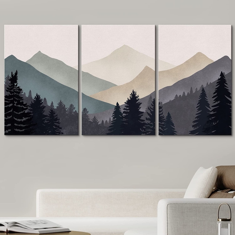 Sun Mountain Landscape Gray Abstract Minimalist Wall Art Nature Neutral Canvas 3 Pieces Print Set