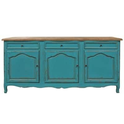 Teal and Brown Wood Top 74 in. Sideboard with 3 Doors and 3 Drawers