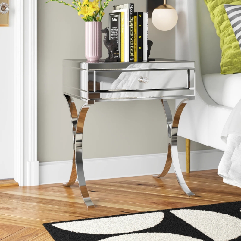 Toby 24" Tall Mirrored Nightstand 1-Drawer Cross-legs End Table