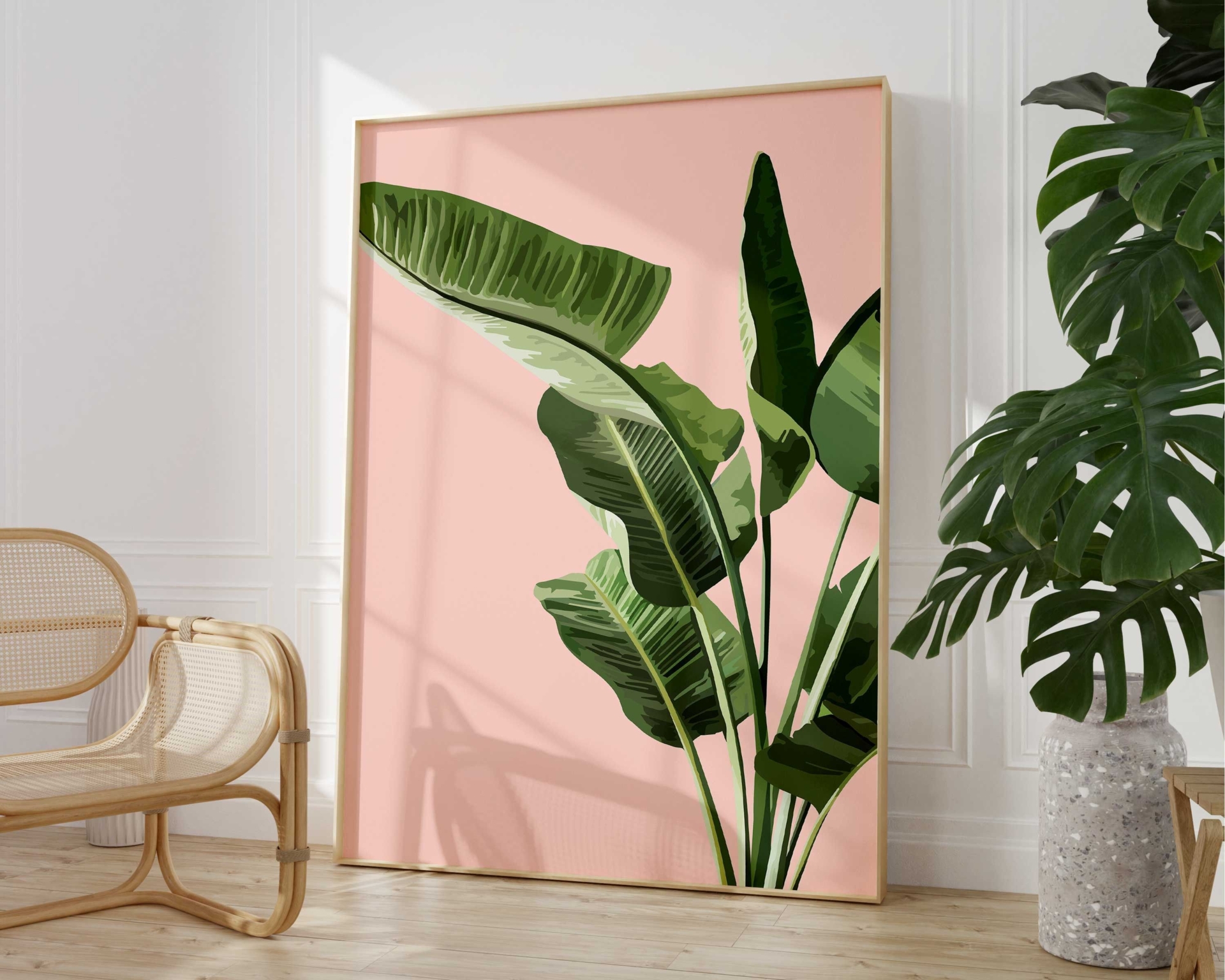 Tropical Pink Banana Leaf Printable, Botanical Palm Leaf Wall Art, Abstract Jungle Illustration, Rainforest Poster, Living Room Home Decor