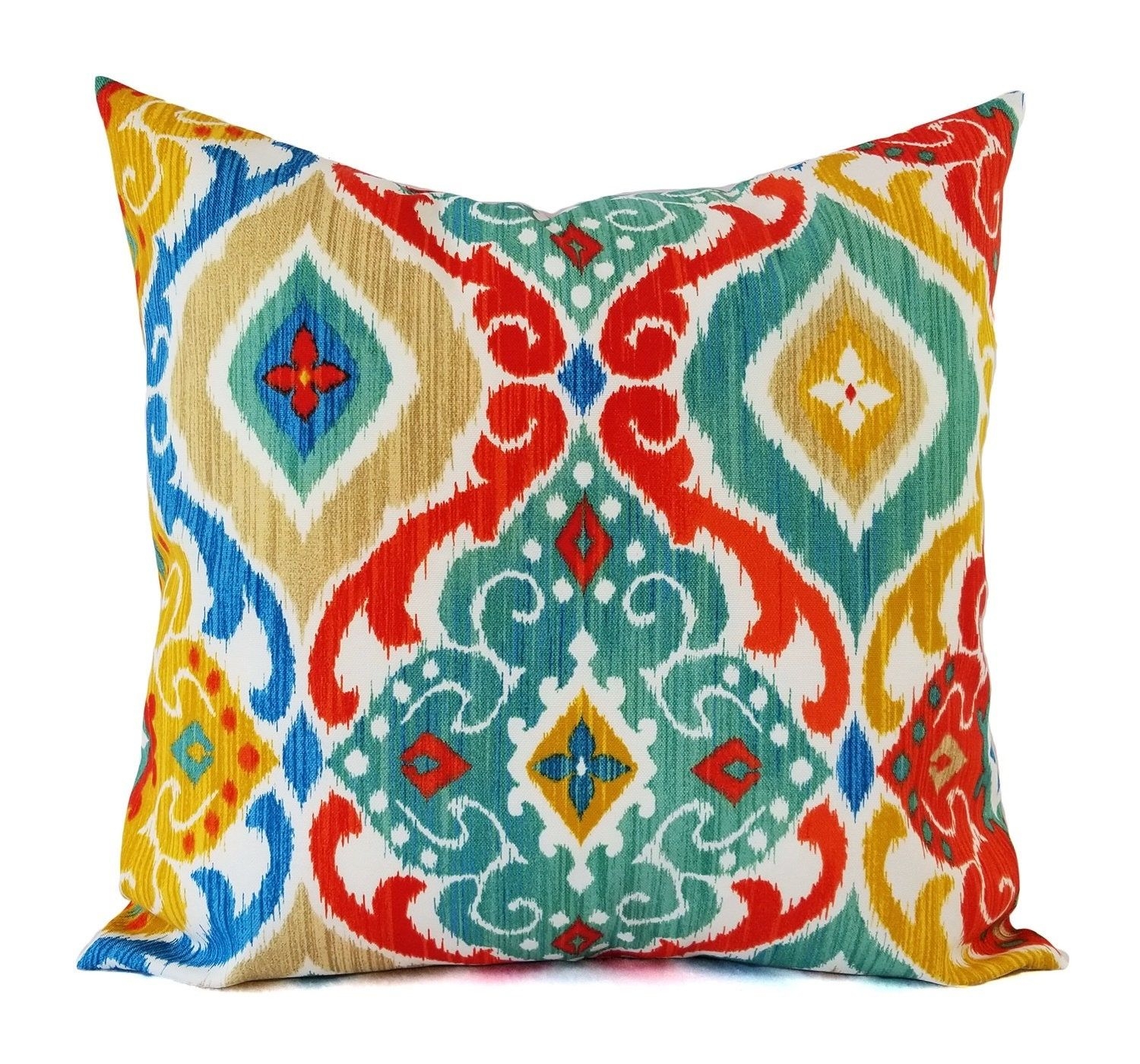 Two OUTDOOR Pillow Covers - Red Green Pillow Cover - Blue Yellow Throw Pillow - Ikat Pillow - Decorative Pillow - Patio Pillow - Euro Sham