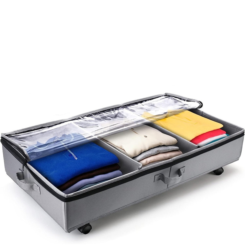 Under Bed Storage with Wheels and Clear Window Underbed Storage Bins Containers 3 Handles and Label Clothes Storage