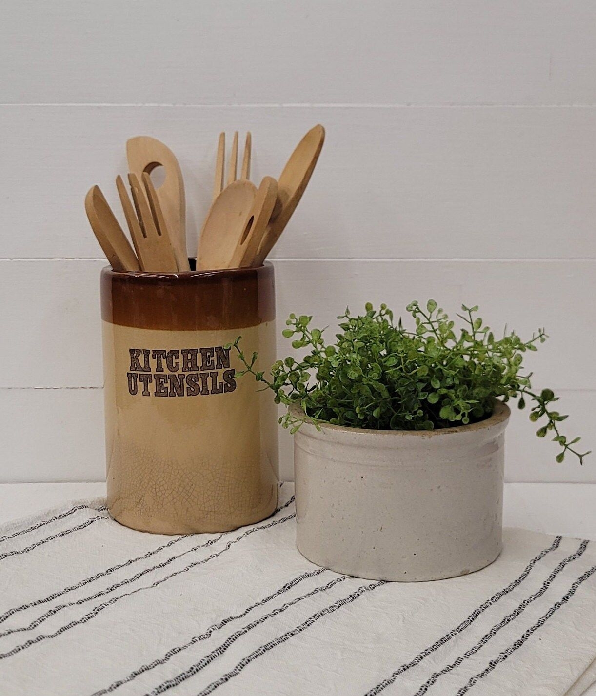 Vintage Brown Utensil Crock With Wood Utensils - Farmhouse Kitchen - Stoneware Crock