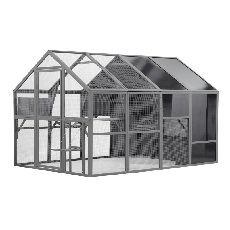108.7'' Large Walk-in Cat House Outdoor Cat Enclosures, Bridge, Platforms, Seating, Sunshine Panel