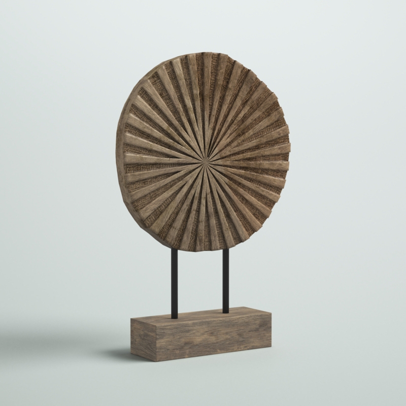 12" Wood Pinwheel Decor  Contemporary Natural Brown Circular Wooden Sculpture on Stand for Rustic Home or Office Decor Accent