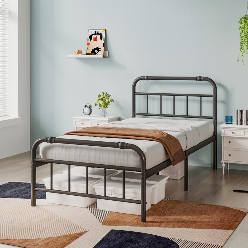 14'' Foldable Metal Platform Bed Frame With Headboard and Footboard