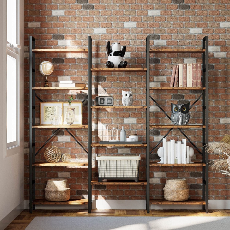 17 Stories Bookcases And Bookshelves Triple Wide 5 Tiers Industrial Bookshelf, Large Etagere Bookshelf Open Display Shelves With Metal Frame For Living Room Bedroom Home Office