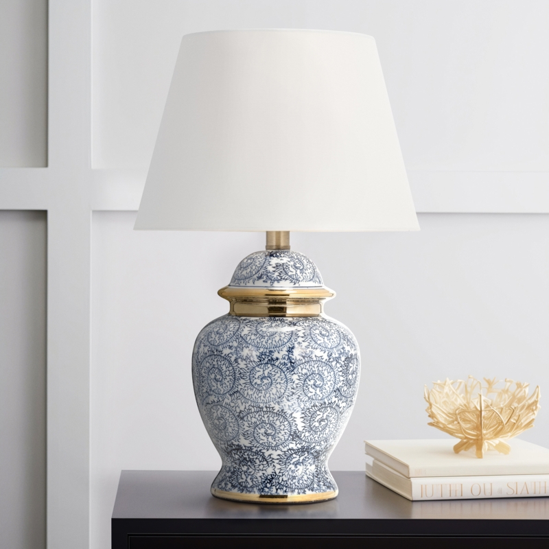 19 Chinoiserie Table Lamp - Contemporary Blue and White Ceramic Lamp with White Lamp Shade - Decorative Home or Office Lighting - Traditional Accent Lighting