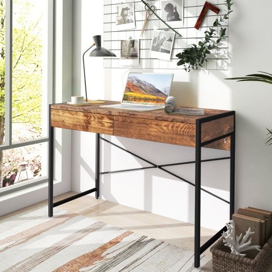 2-Drawer Home Office Desk with Steel Frame-Rustic Brown