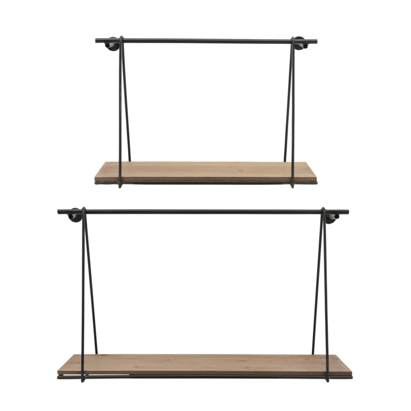 2 Piece Wall Shelves - Brown and Black Wood and Metal Rustic Floating Swing - Mounted Wall Storage