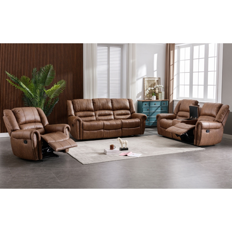 3-Piece Breathable Leather Reclining Manual Living Room Sofa Set