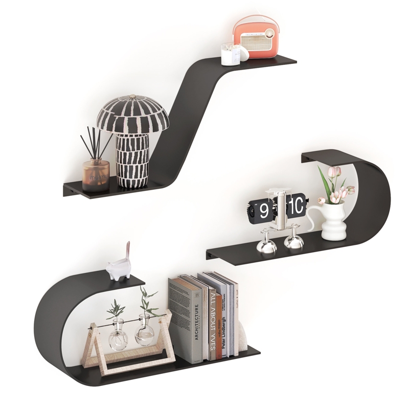 3 Piece Modern Floating Shelf Metal Wall Mounted Shelving Adjustable and Decorative Set