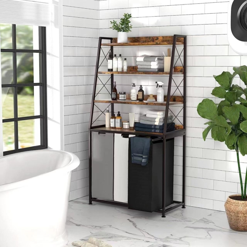 3 Section Laundry Hamper with 4 Tiers Shelf