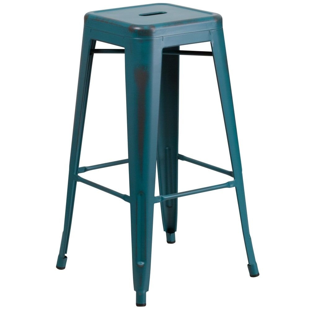 30" High Backless Distressed Metal Indoor-Outdoor Barstool - Patio Chair