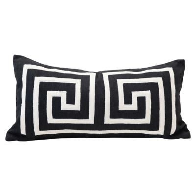 3R Studios Black and White Woven Cotton Lumbar Pillow with Appliqued Design, Multi-Colored