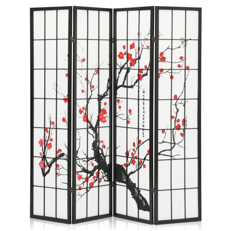4 Panel Solid Wood Folding Room Divider Wintersweet Privacy Partition Screen