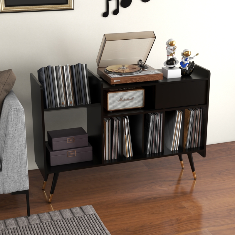 48 "W Record Player Holder, Two-Layer Record Holder, Black Sliding Door Audio Holder