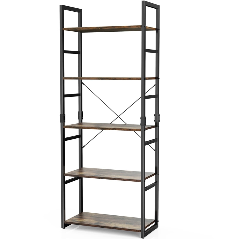 5 Tier Bookshelf Tall Wood Bookcase Rustic Storage Shelves Organizer Modern Vintage Standing Shelving Unit
