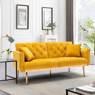 63.77 in. Wide Yellow Velvet Twin Size Sofa Bed