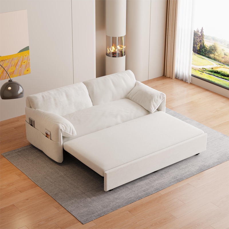 63.8-Inch Pull-Out Sofa Bed 3-In-1 Multifunctional Double Sofa Bed With Side Storage Pockets
