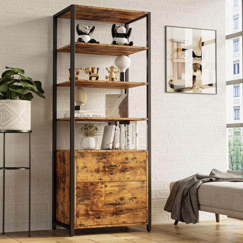71.6 In Tall Industrial Bookcase With File Cabinet Drawers