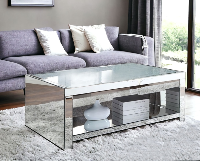 Abshire 48" Silver Glass Mirrored Coffee Table With Shelf