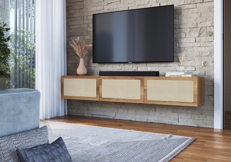 Ahria 71" Floating Wall Mount 3 Rattan Door Cabinet TV Stand-Coastal Oak