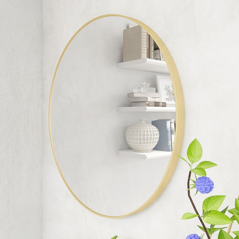 Alani 32*32 Wall Mounted Round Mirror with Brushed Aluminum Frame Large Gold Circle Mirror For Wall,Circle Bathroom Mirror-The Pop Home