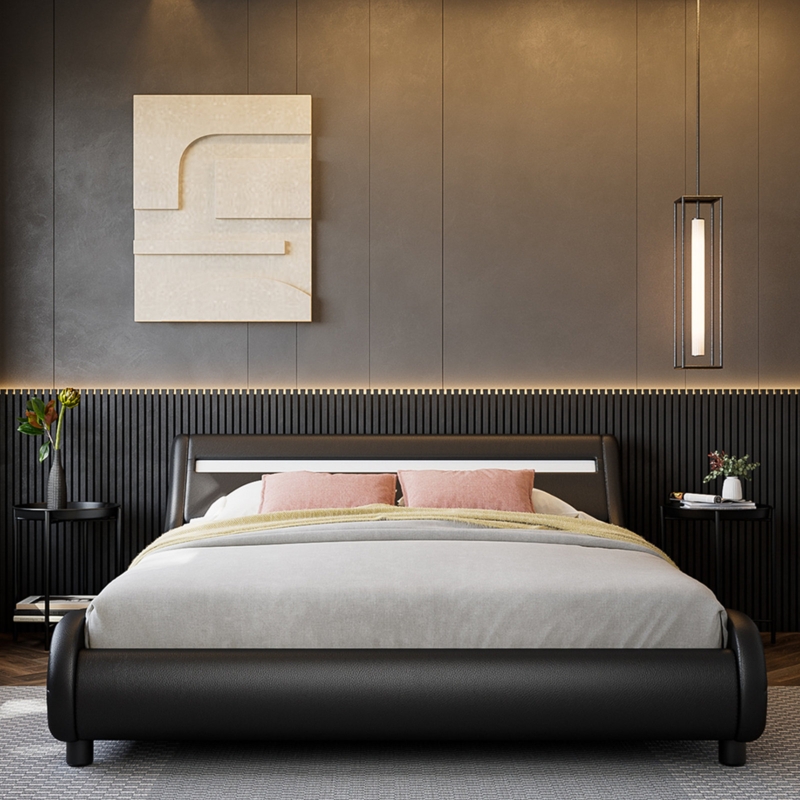 Alion Upholstered Lighted & Adjustable Headboard Low Profile Sleigh Platform Bed