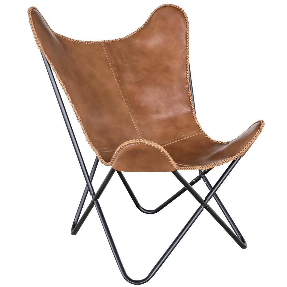 AmeriHome Brown Genuine Leather Classic Butterfly Chair with Black Powder Coated Steel Frame
