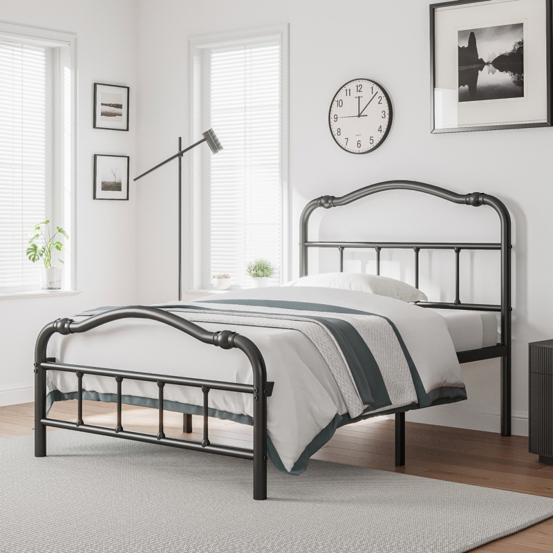 Amylia Double Wave Headboard and Footboard Heavy Duty Anti-sway 14in High Steel Tube Iron Bed with Storage