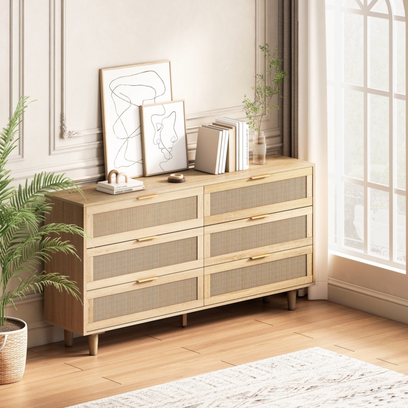 Anacelis 6 Drawer 59.14" W Double Dresser Rattan Cabinet Rattan Sideboard Rattan Buffet