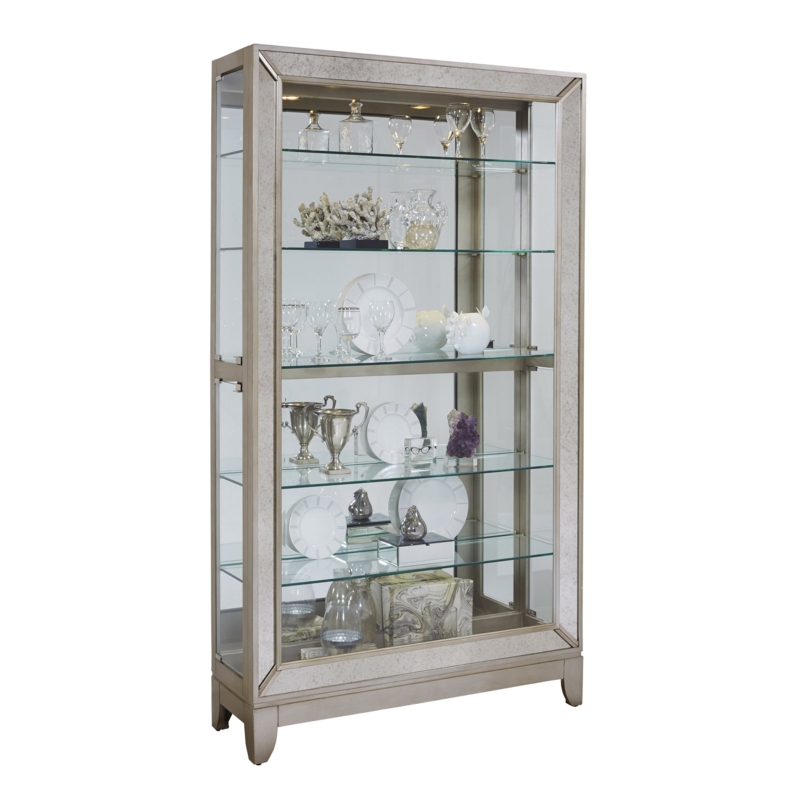 Antique Style 5 Shelf Mirrored Curio Cabinet in Aged Silver