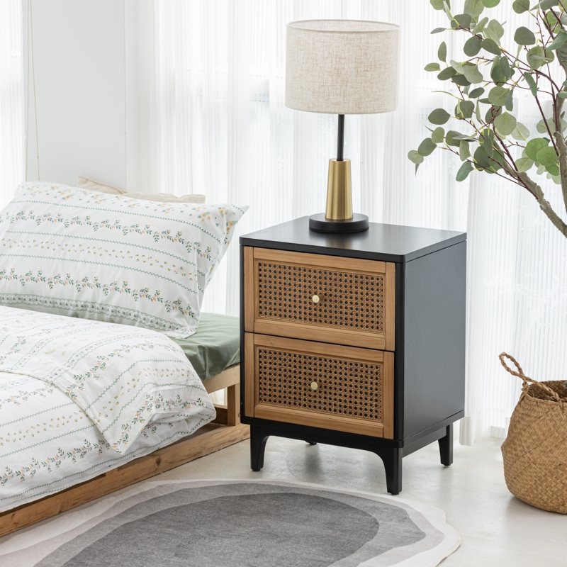 Aril 2-Drawer Woven Cane Front Accent Nightstand with Brass Knobs