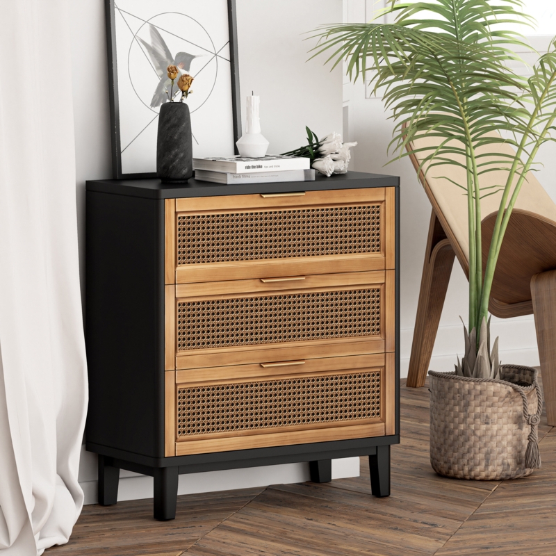 Aril 3-Drawer Woven Cane Front Accent Chest, Mid Century Modern 3 Drawers Nightstand