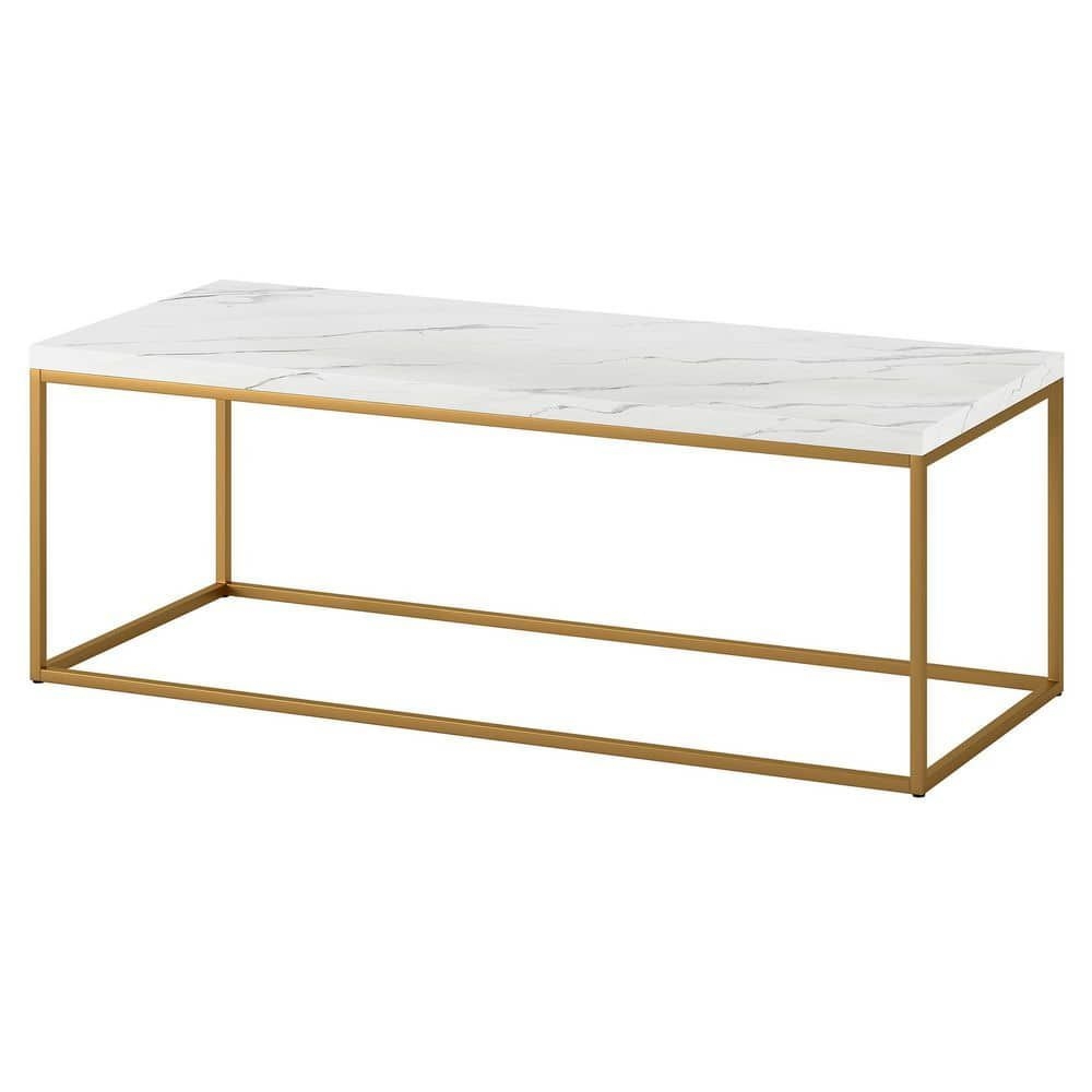 Artur 48 in. Brass Rectangular Coffee Table with Faux Marble Top